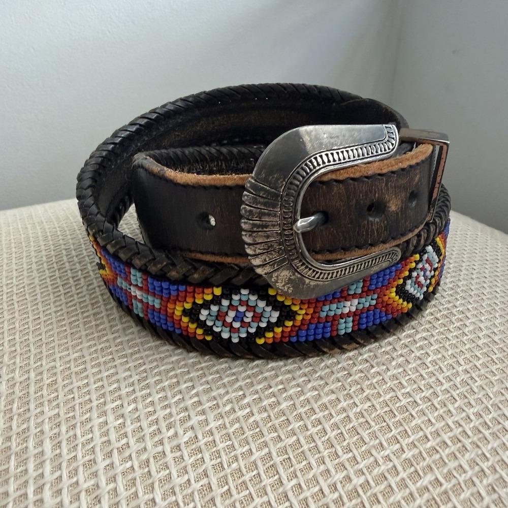 VTG Beaded Leather Belt Size 30 Southwestern Aztec Silver Buckle Country Western - Picture 14 of 16